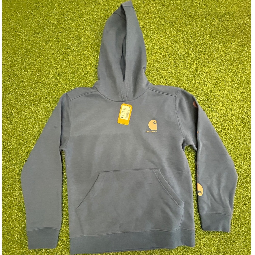 Carhartt Boys Blue Logo Graphic Sleeve Hooded Sweatshirt Size Large 14-16 NWT